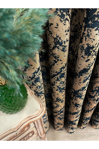 Brown-Navy Blue Chenille Pattern Jacquard 1/3 Dense Pleated Jacquard Blackout Curtain
