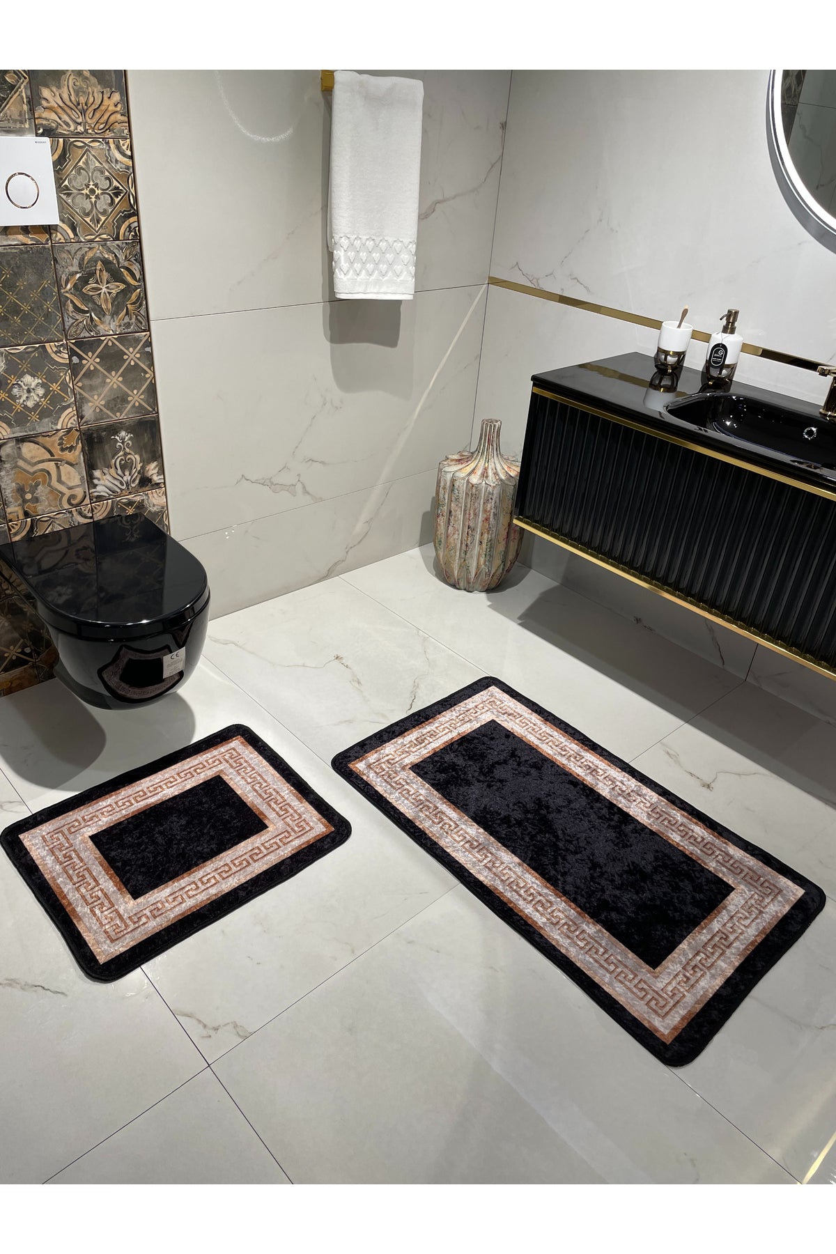 Bordered Patterned 2-Piece Latex Leather-Backed Bathroom Mat Set (60X100 - 60X50) Black