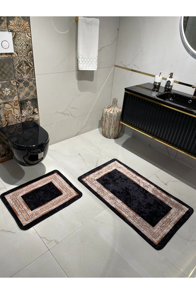 Bordered Patterned 2-Piece Latex Leather-Backed Bathroom Mat Set (60X100 - 60X50) Black