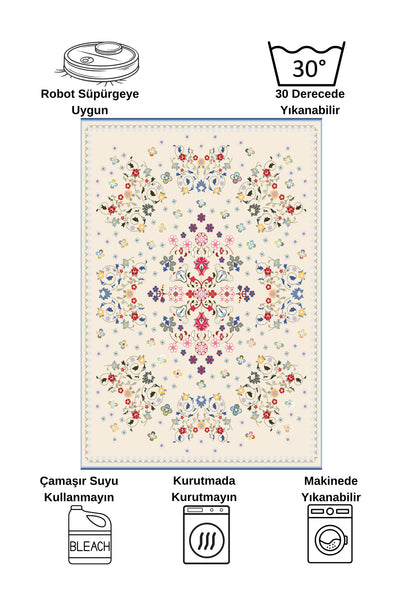 BEIGE Floral Patterned Vintage Latex Base Rug