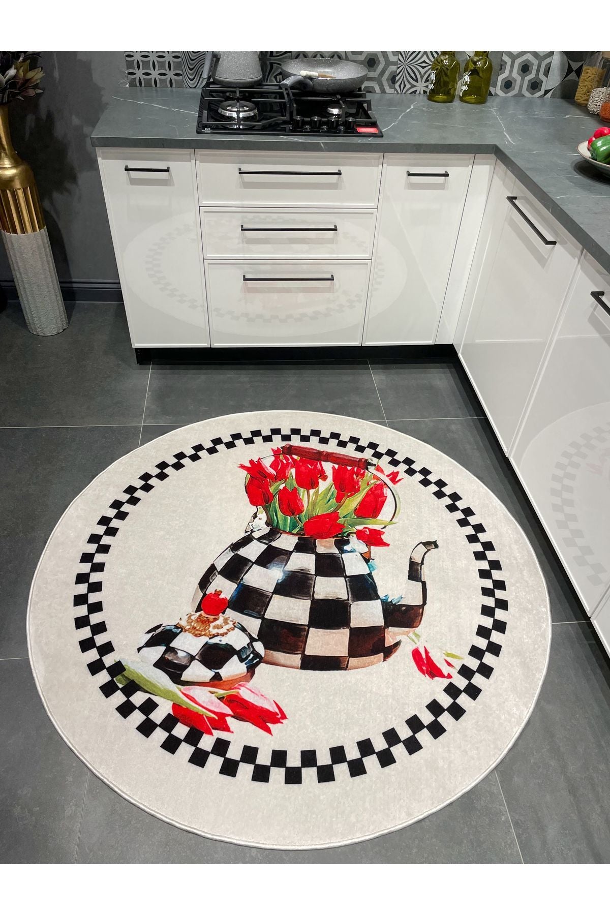 MacKenzie Checkered Latex Leather Base Kitchen Rug