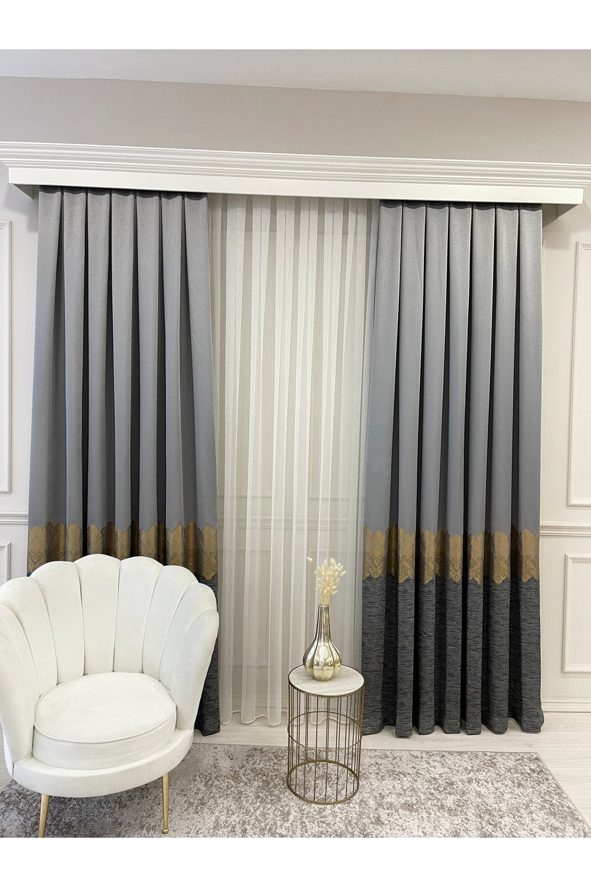 Brown Gold - Damask Patterned 1/3 Dense Pleated Blackout Curtain