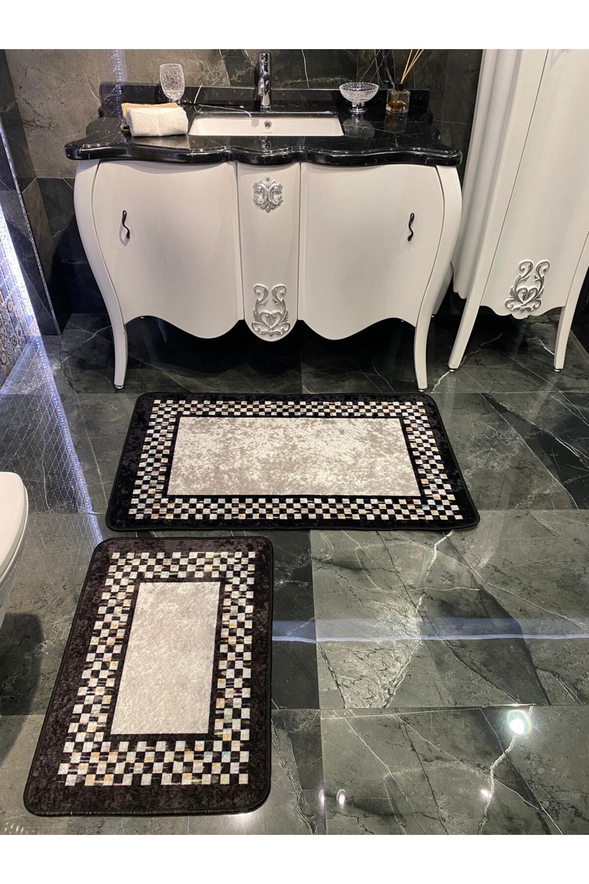 Latex Base Fringeless (70X110 - 70X50) Double Bath Mat Set