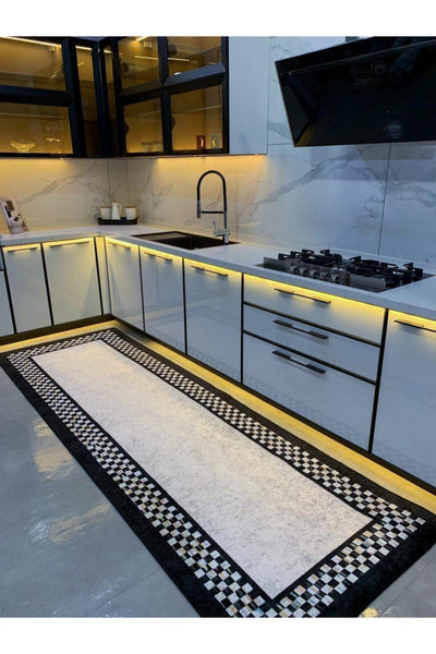 Bang Model Checkered Non-Slip Base Kitchen Rug - Gray-Black