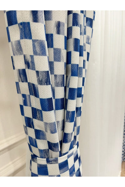 No-Pleat Extra-Reinforced Checkered Blackout Curtain - Blue