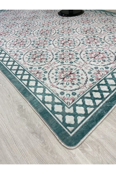 Mavi Renk Vintage Desen Lateks Deri Taban Daire Halı