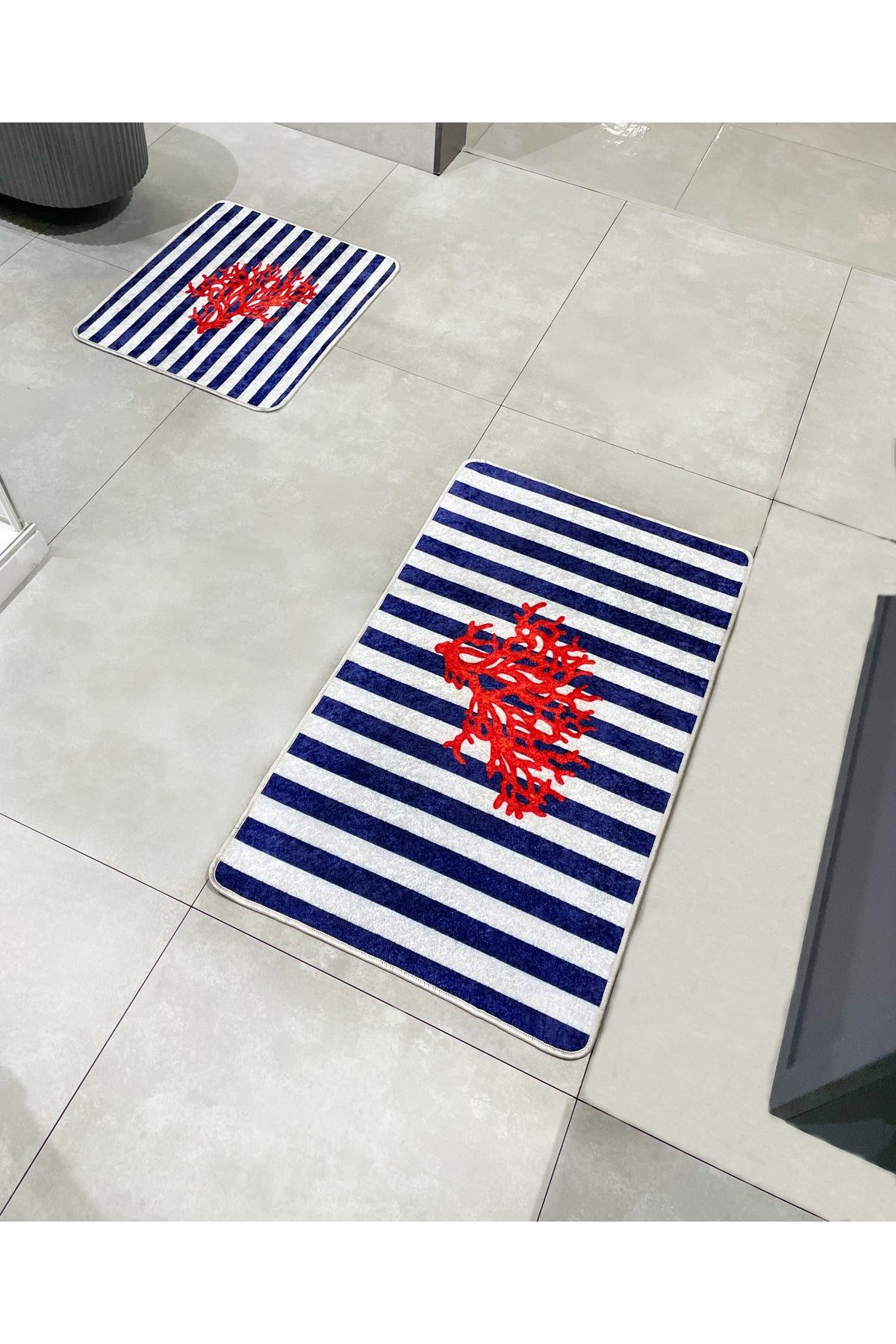 Mercan 2-Piece Latex Base Bathroom Mat Set (60x100 - 60x50) NAVY BLUE