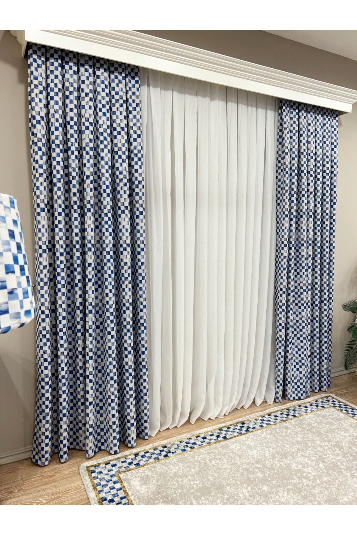 1/3 Dense Pleated Checkered Curtain Panel - Blue