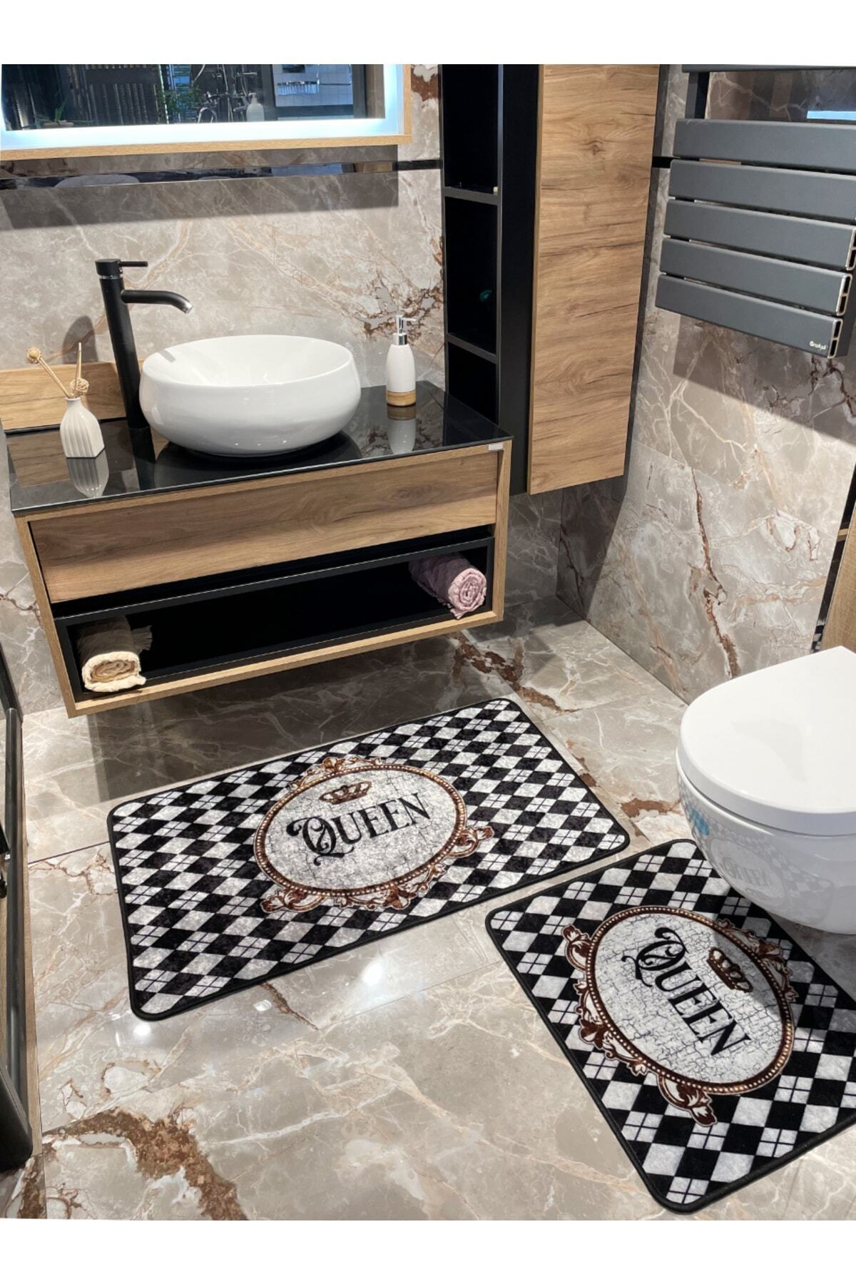 2'li Quenn Sloganlı Banyo Paspası Gri (ebat 60x100 - 60x50 )