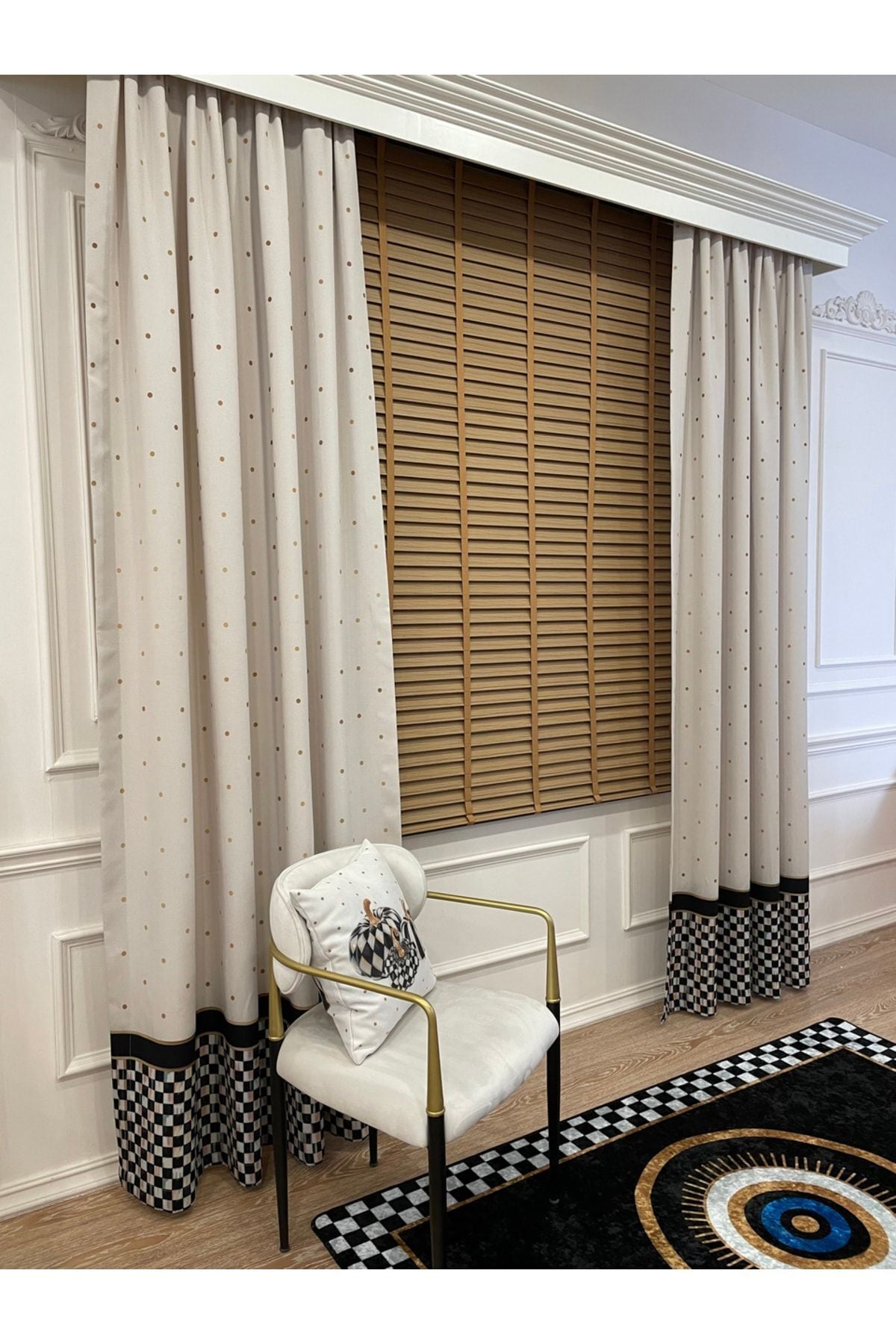 No-Pleat Extra-Reinforced Checkered Blackout Curtain - Beige-Black