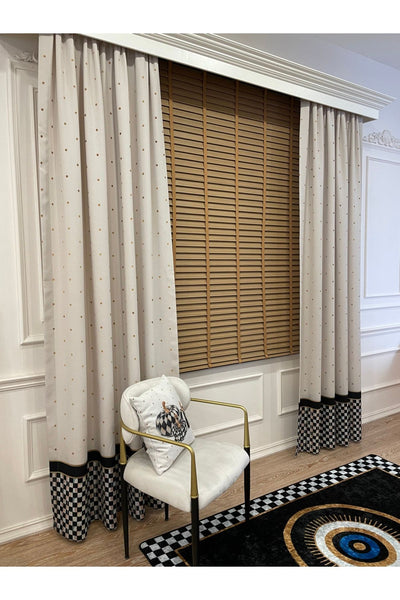 No-Pleat Extra-Reinforced Checkered Blackout Curtain - Beige-Black