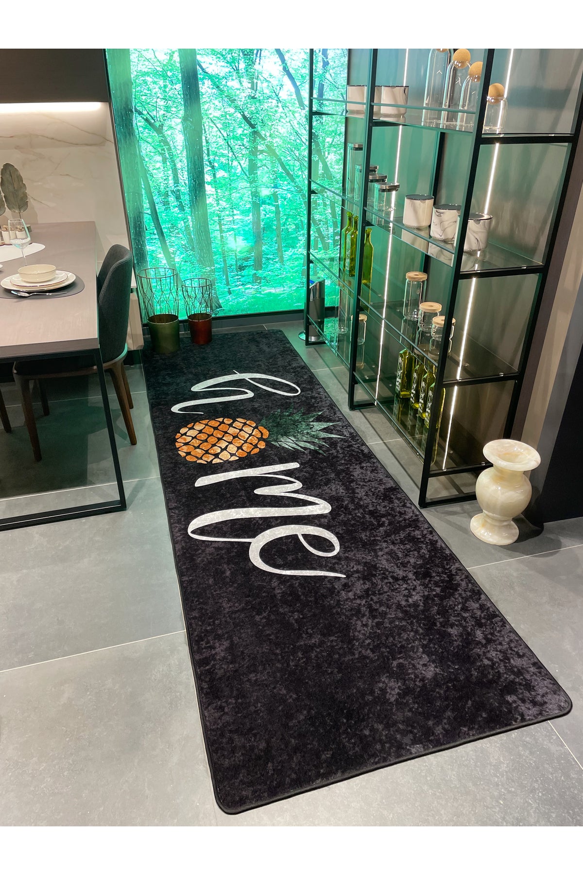 Home Pattern Latex Leather Base Kitchen Rug - BLACK