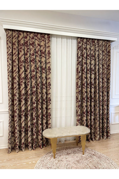 Brown-Navy Blue Chenille Pattern Jacquard 1/3 Dense Pleated Jacquard Blackout Curtain