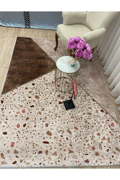 Çizgili Desen Leke Tutmaz Kaymaz Taban Salon Mutfak Halısı - Kahverengi