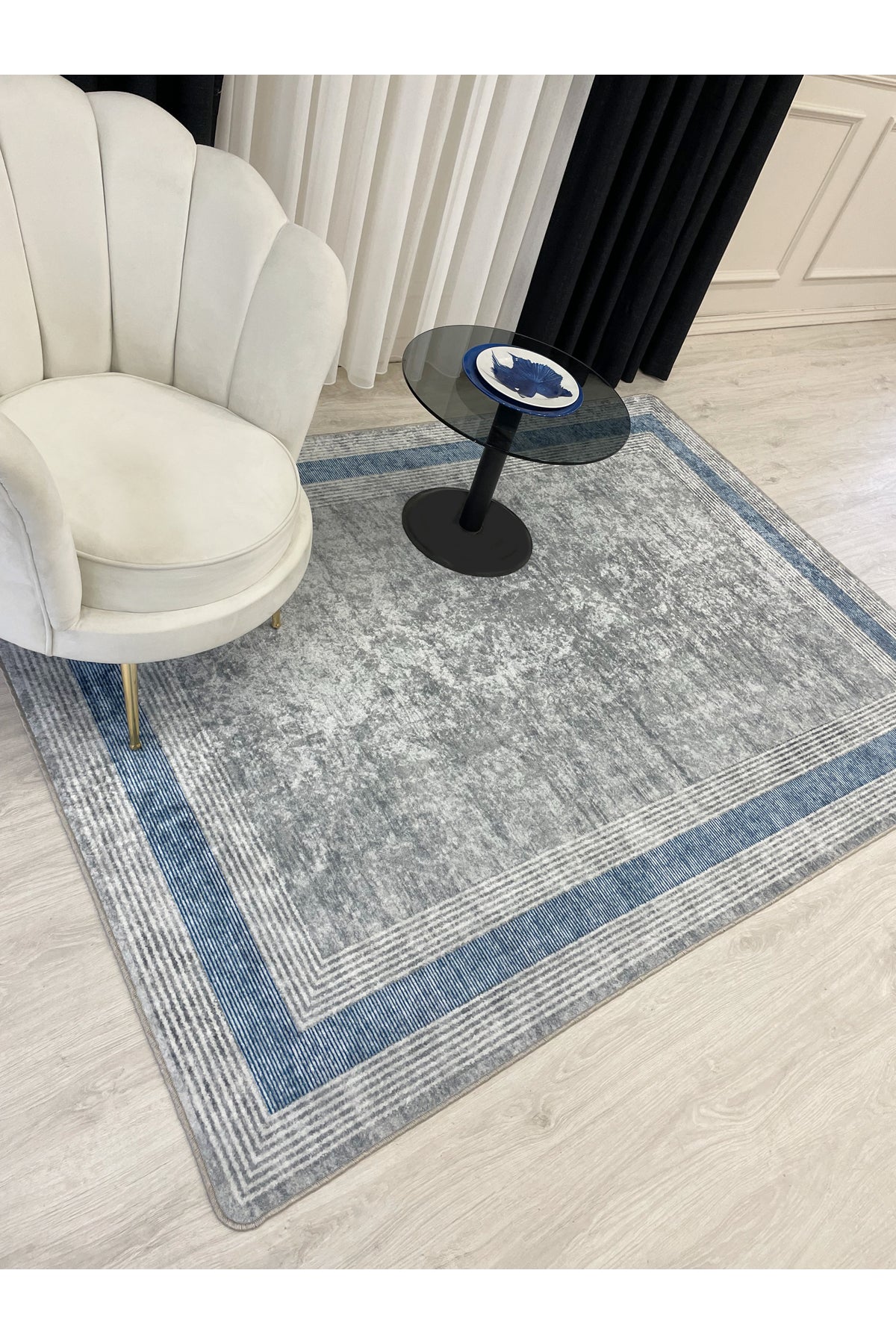 Light Gray Bordered Pattern Latex Leather-Backed Rug