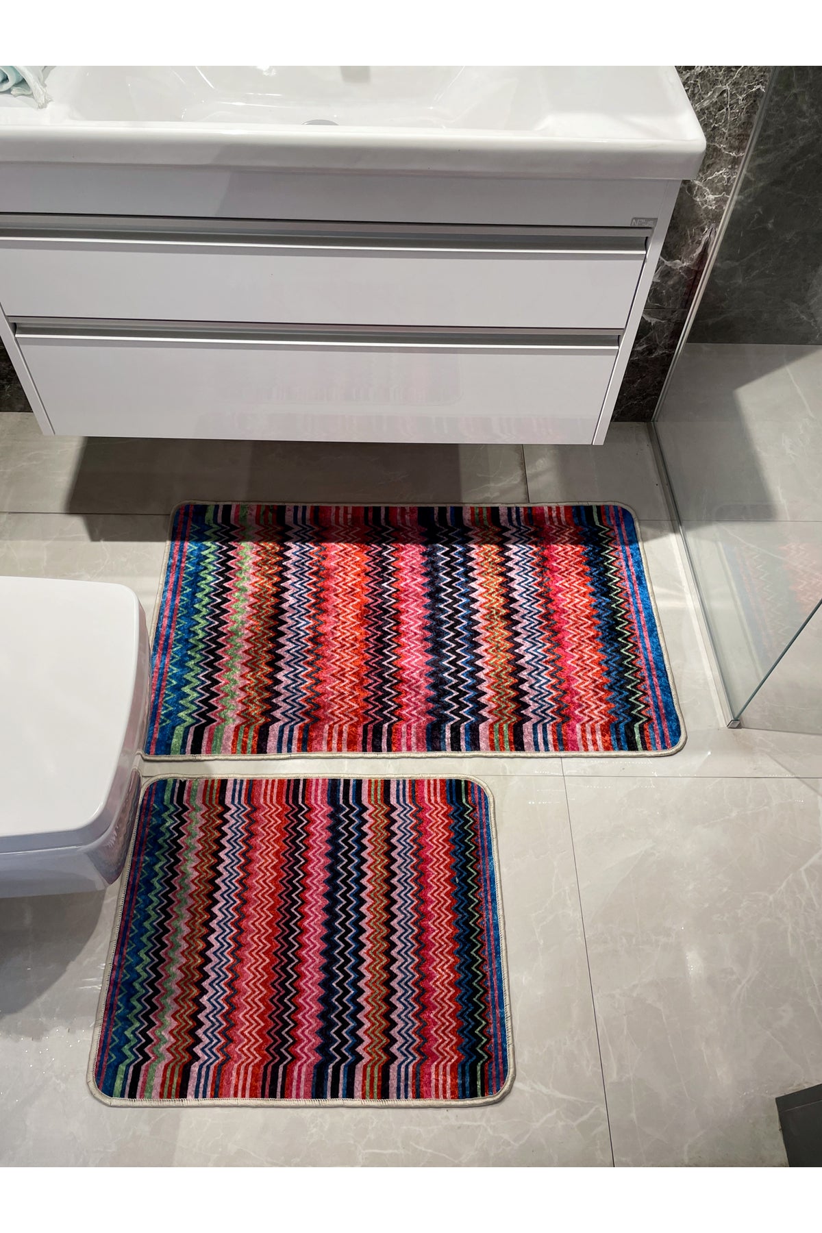Zigzag Patterned 2-Piece Leather Base Bathroom Mat Set (60x100 - 60x50)