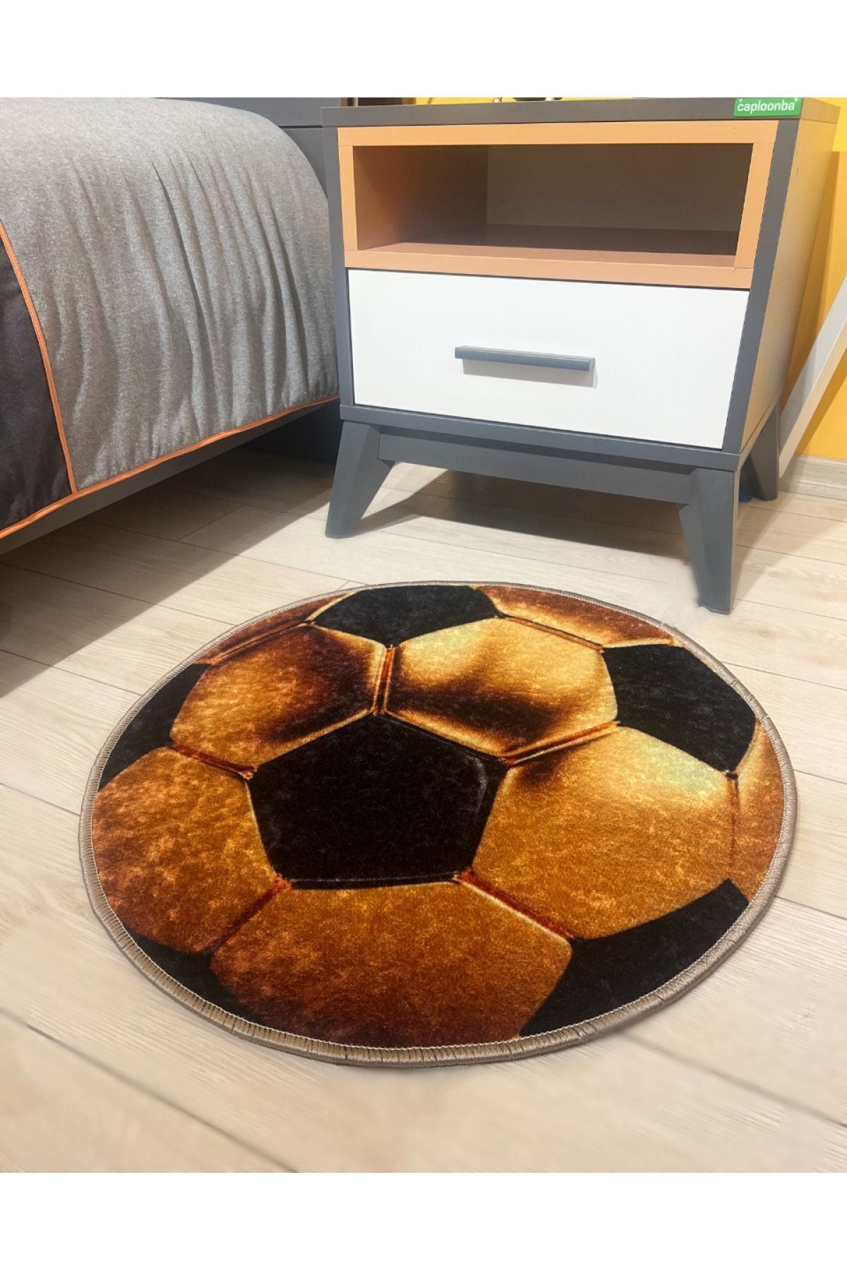 Football Pattern Washable Round Kids & Youth Rug - Gold