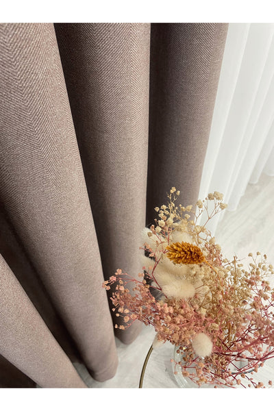Heathered Milky Brown Linen-Look 1/3 Dense Pleated Blackout Curtain