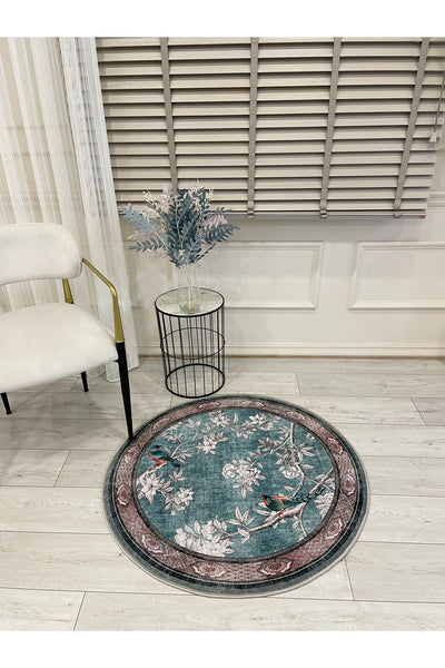 Soft Blue Bird Pattern Bordered Non-Slip Rug