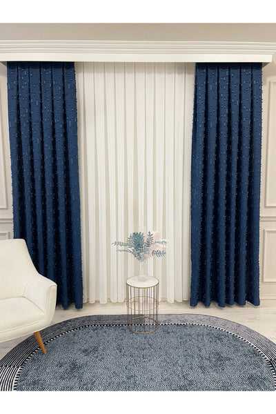 Indigo Blue Pompom Puffy Blackout Curtain 1/3 Dense Pleat