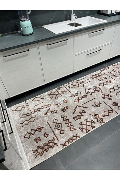 BEIGE Ethnic Patterned Latex Base Kitchen Rug