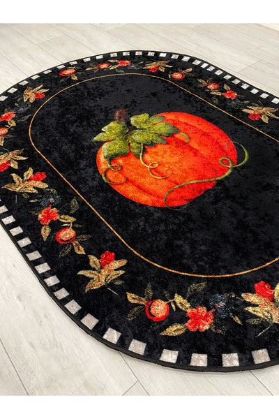Pumpkin Pattern Bordered Oval Kitchen Rug