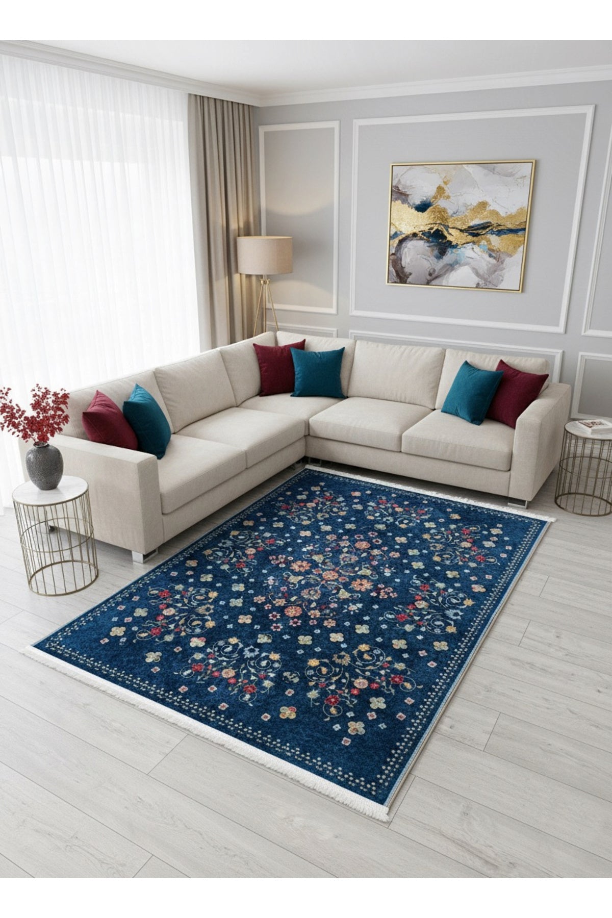 BEIGE Floral Patterned Vintage Latex Base Rug