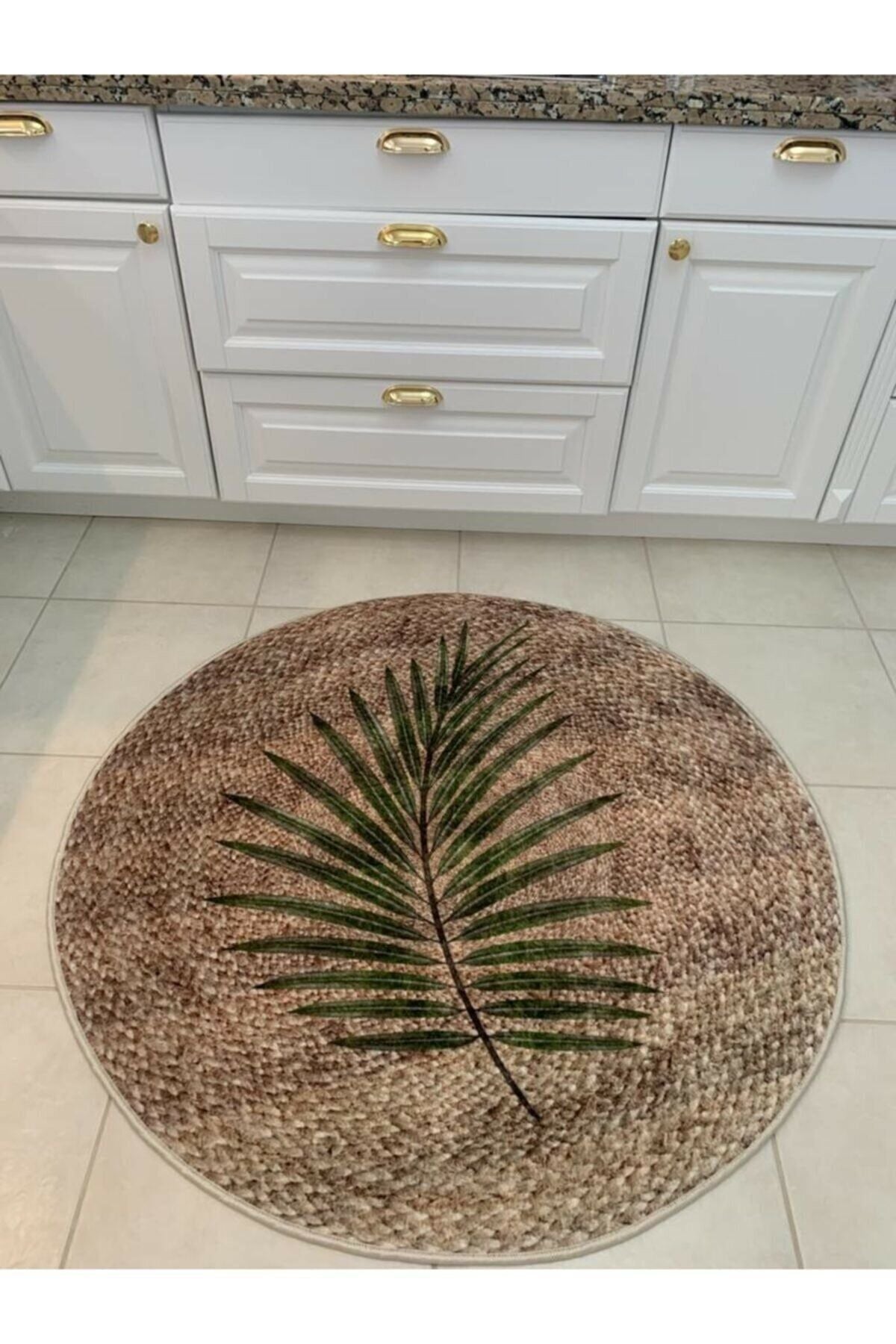 Jute Sisal Look Leaf Motif Latex Non-Slip Base Balcony and Terrace Round Rug