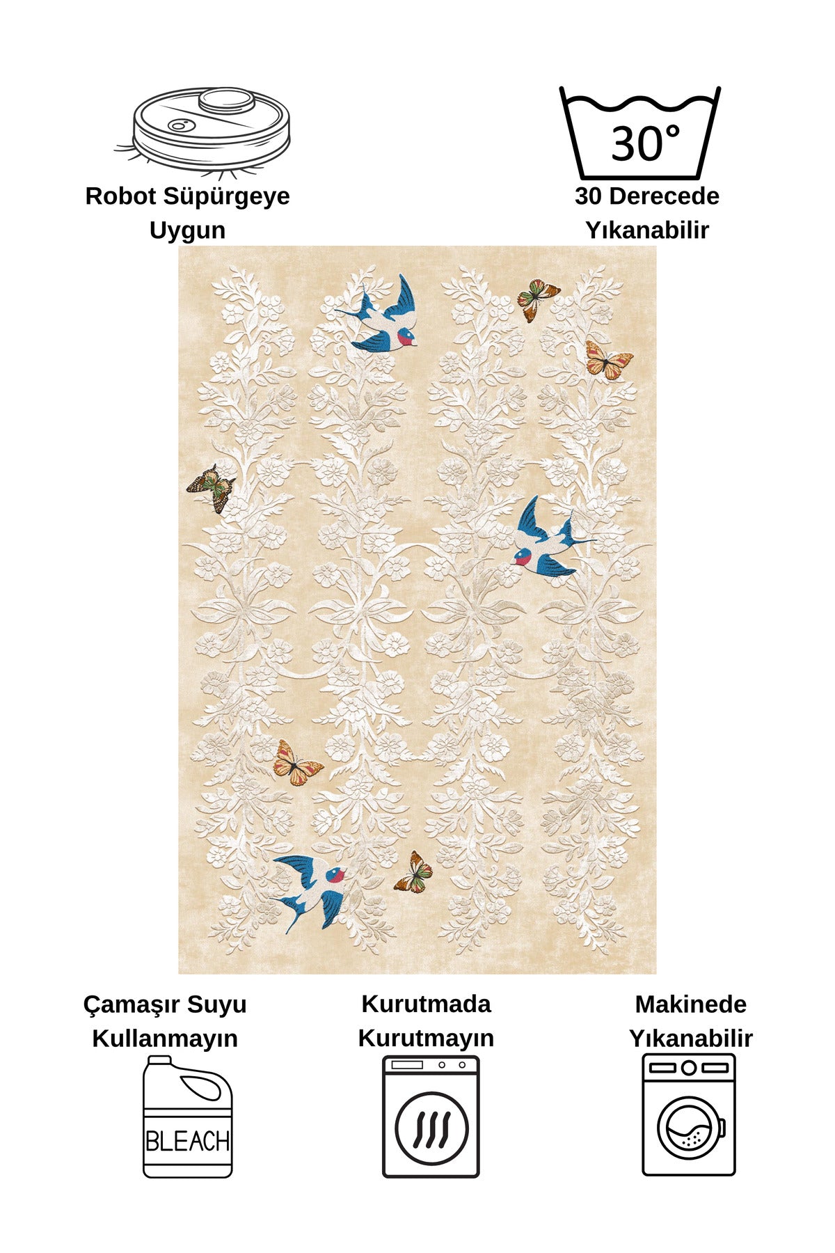BEIGE - Embroidery-Look Bird Motif Latex Base Runner Rug