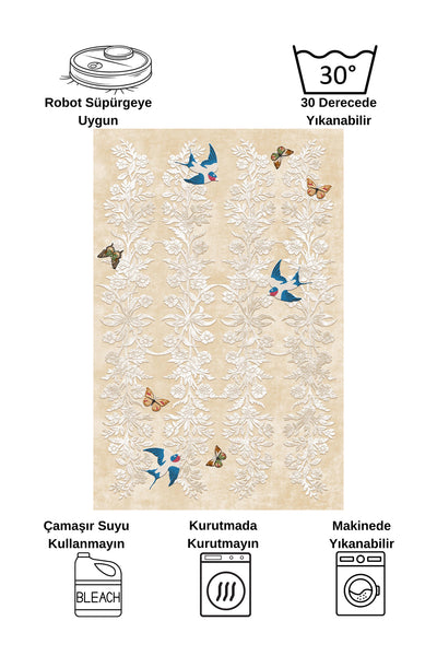 BEIGE - Embroidery-Look Bird Motif Latex Base Runner Rug
