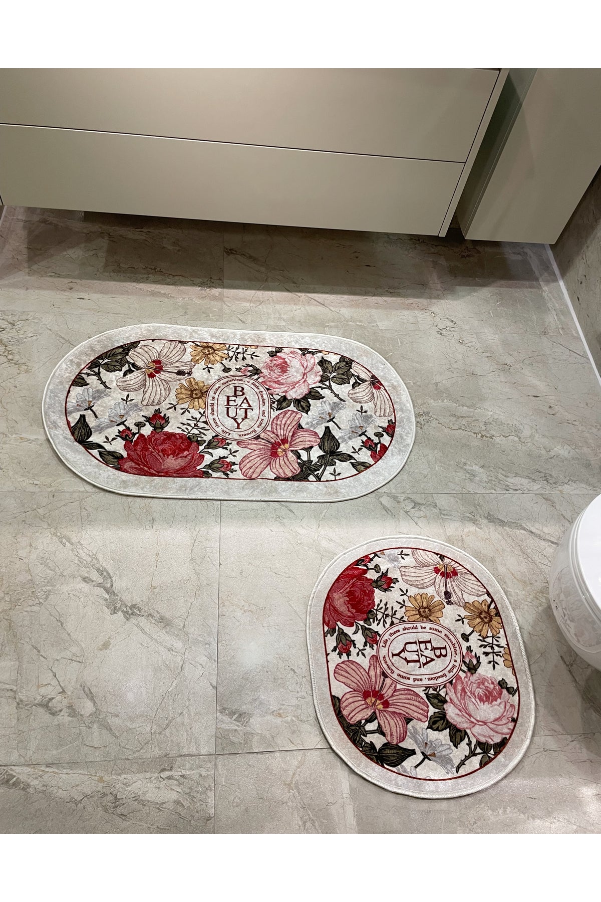2-Piece Floral Pattern 60x100 - 60x50 Beauty Latex-Backed Bath Mat Set