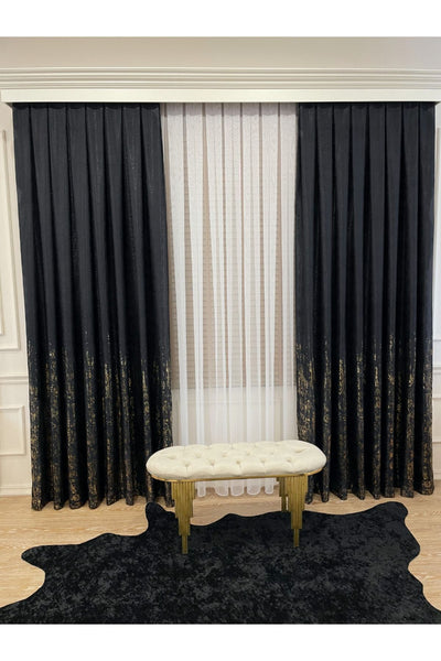 Jacquard Ground Foil Print 1/3 Dense Pleat Blackout Curtain - Beige - Gold Foil