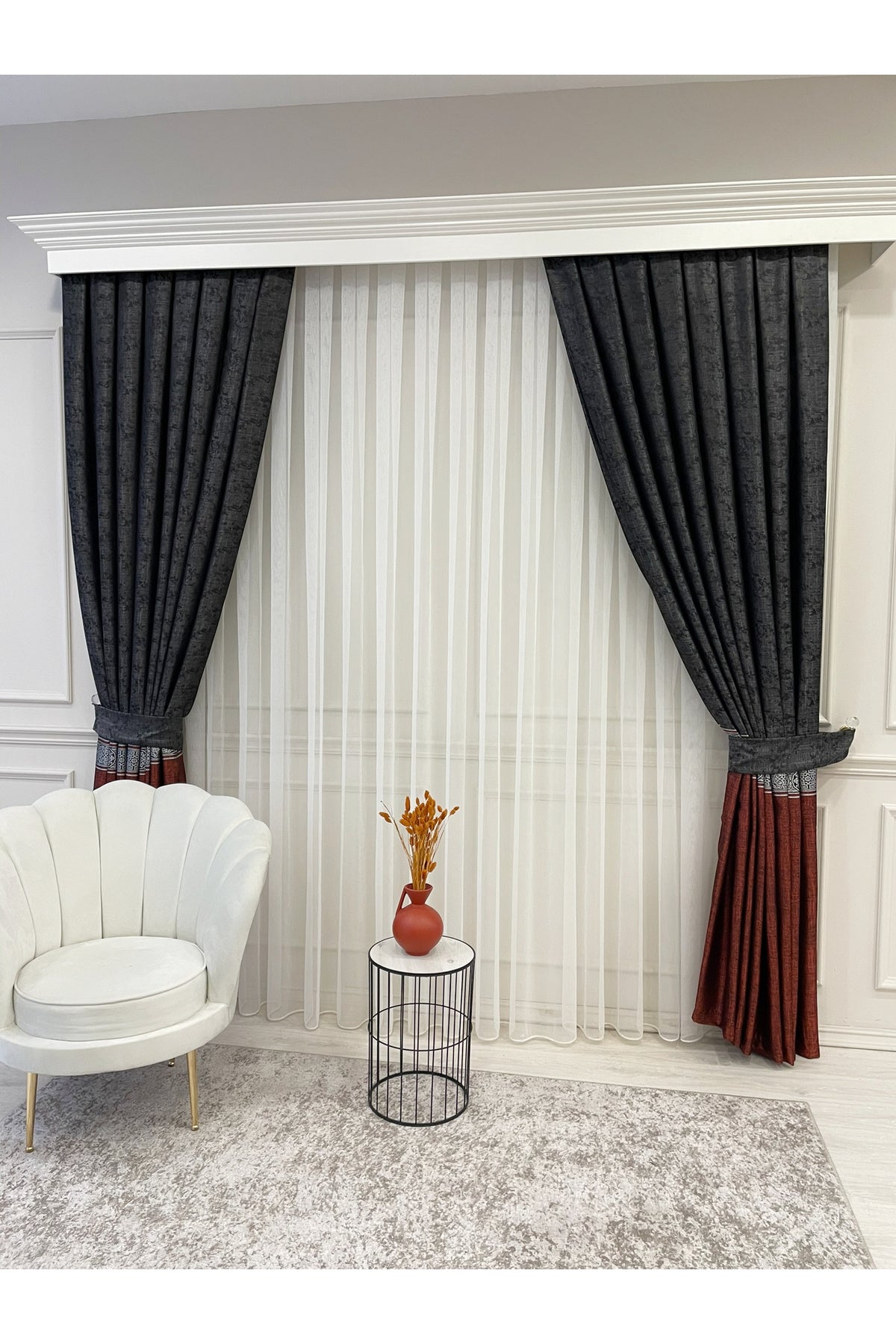 Brown 1/3 Dense Pleated Bordered Pattern Soft-Textured Jacquard Blackout Curtain