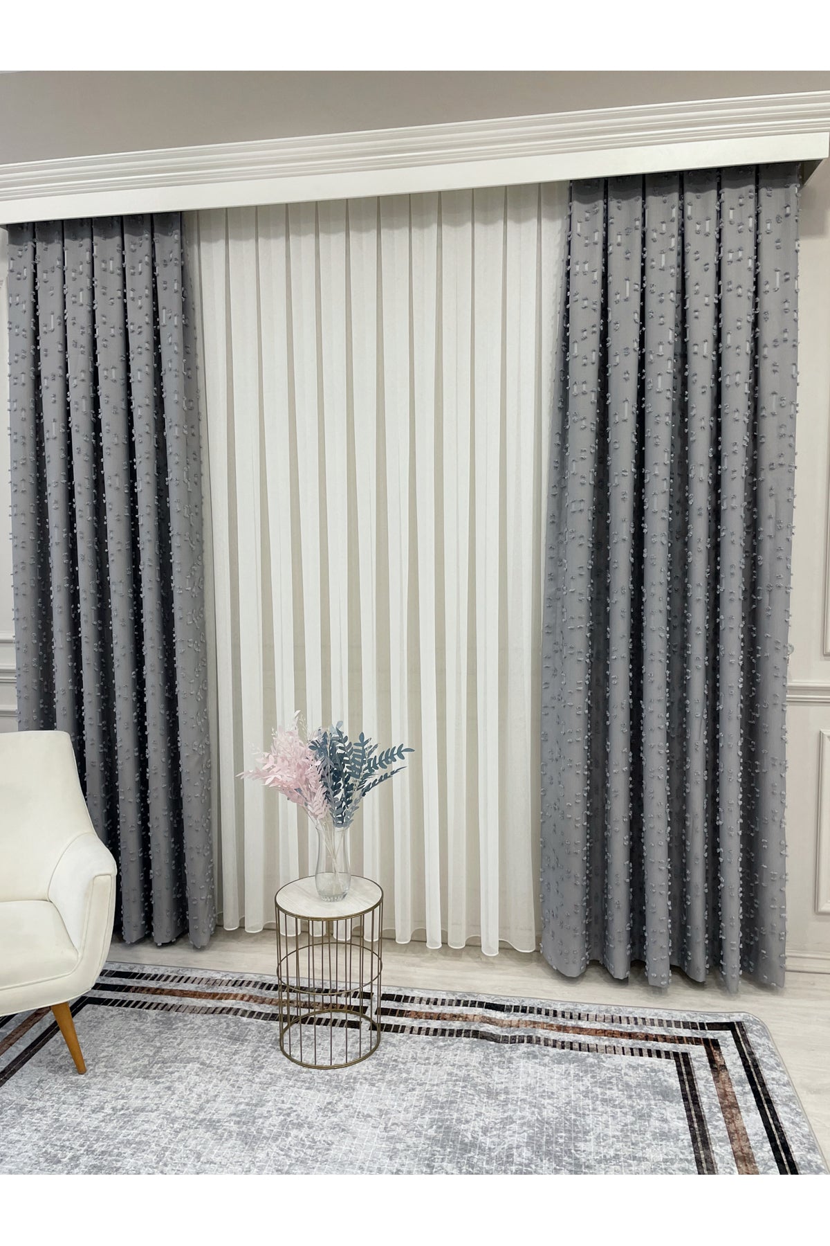 Indigo Blue Pompom Puffy Blackout Curtain 1/3 Dense Pleat