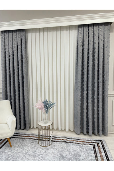 Indigo Blue Pompom Puffy Blackout Curtain 1/3 Dense Pleat