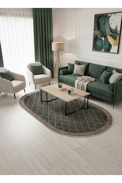 GREEN-BROWN Jute Sisal Look Bordered Non-Slip Base Runner Rug