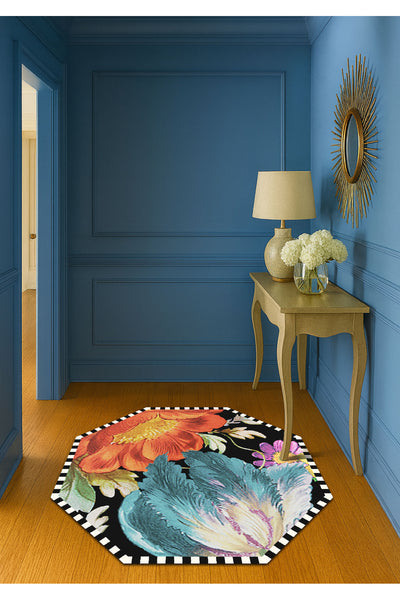 Octagonal Checkered Floral Pattern Latex Base Rug