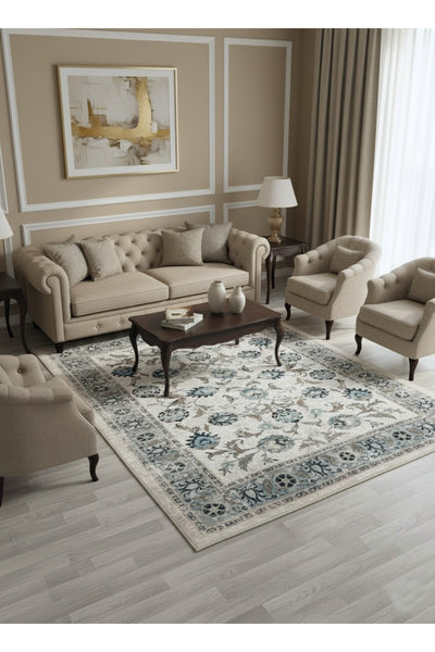 BEIGE-BLUE Traditional Distressed FRINGED Classic Non-Slip Base Rug