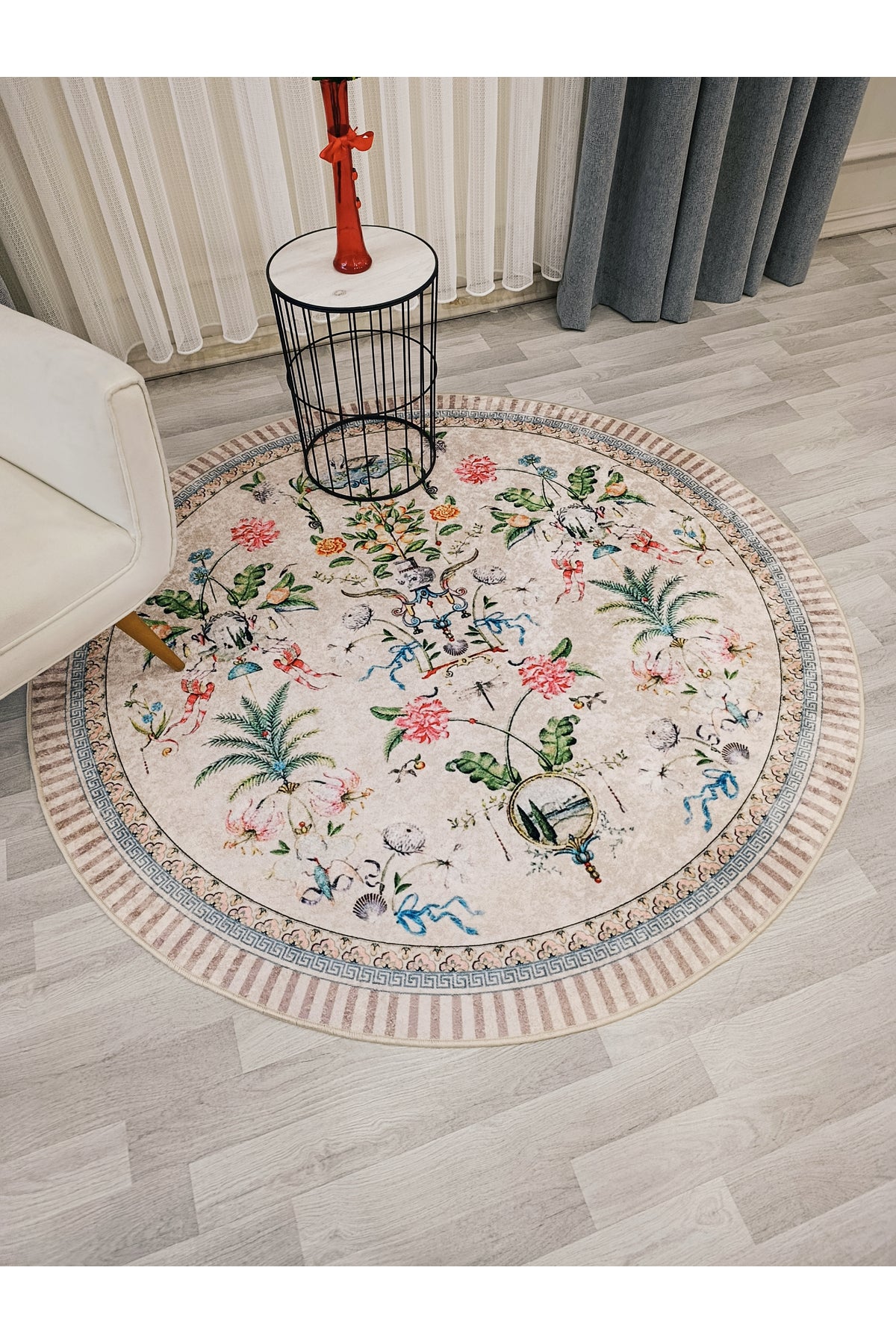 Beige Floral Bird Patterned Latex Leather Base Round Rug
