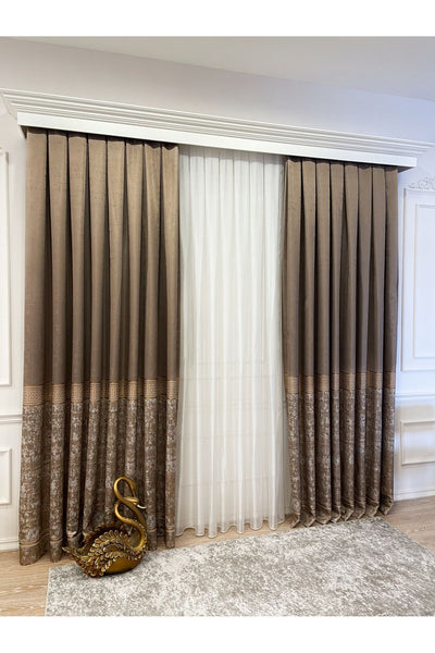 Gray Anthracite Bordered Pattern 1/3 Tight Pleat Jacquard Woven Blackout Curtain