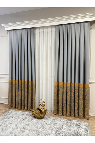Gray Shawl Pattern 1/3 TIGHT PLEAT Jacquard Woven Blackout Curtain