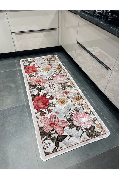 Çiçek Desenli Lateks Deri Taban Kitchen Mutfak Halısı GRİ
