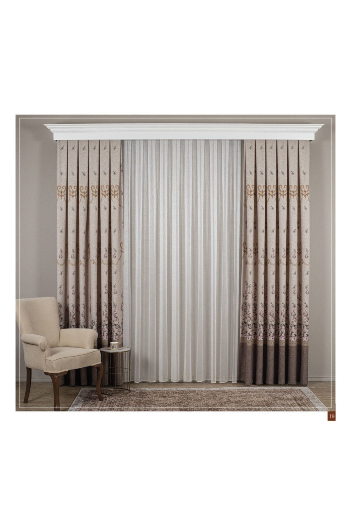 Country Collection 1/3 Dense Pleated Natural Linen Floral Blackout Curtain