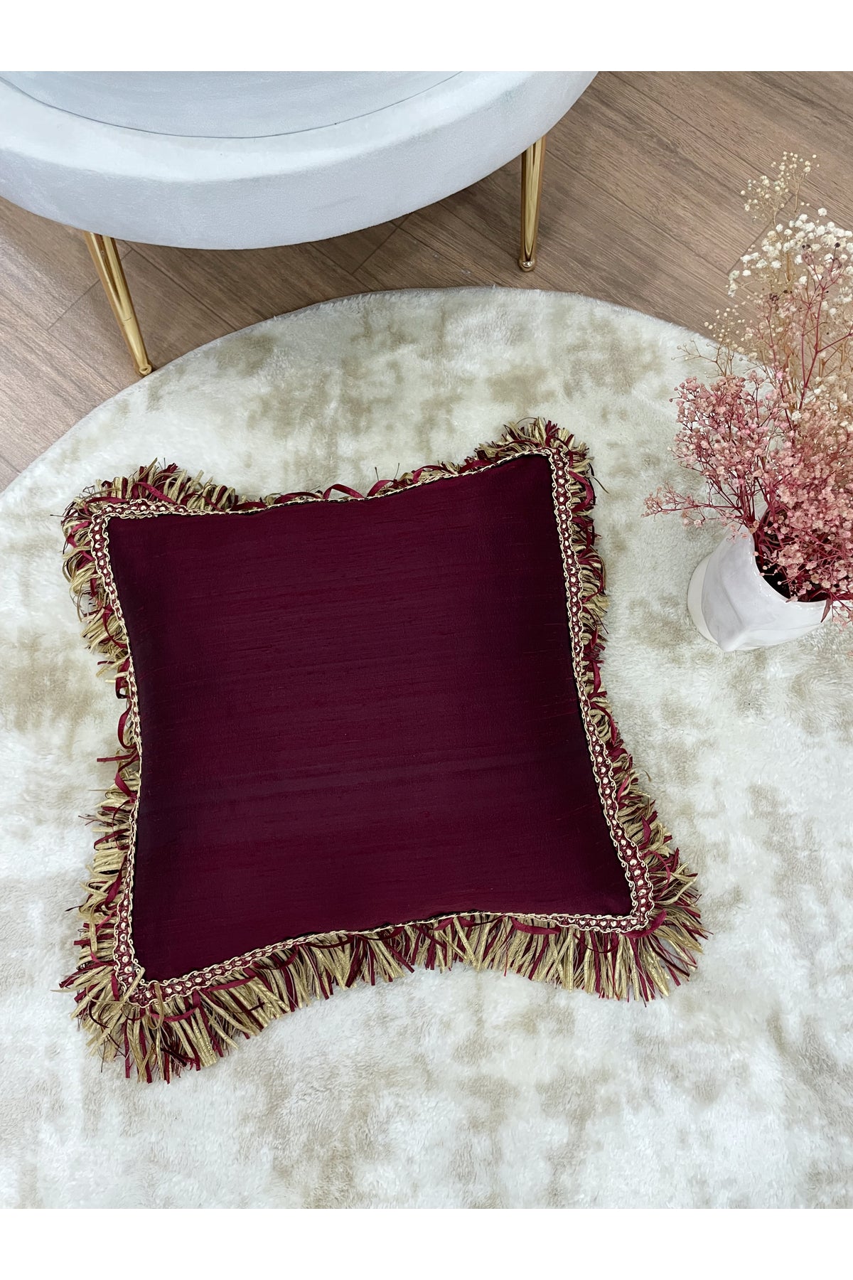 İthal Ipek (silk) Kırlent Yastık Kılıfı Kordonlu 45X45 BORDO