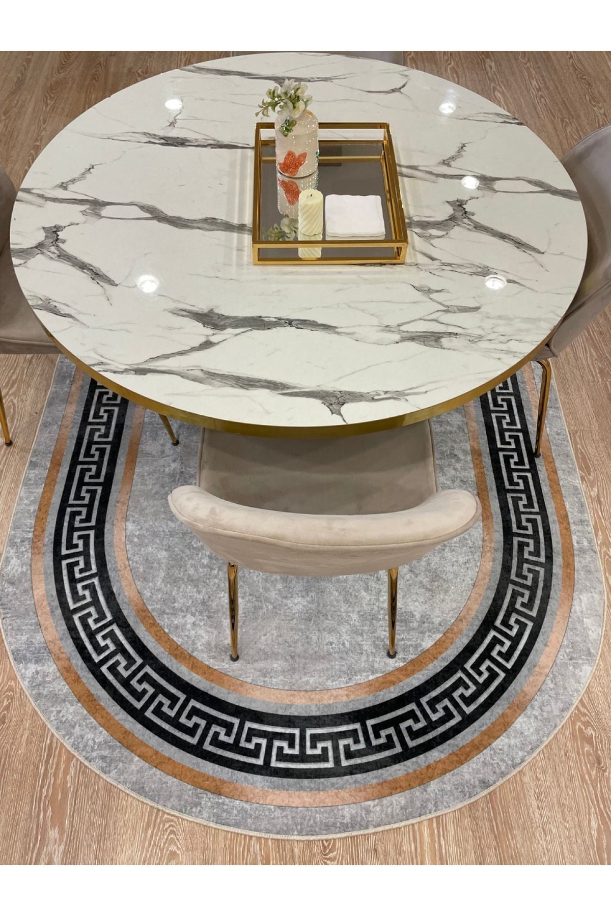 Classic Bordered Striped Oval Latex Leather Base Fringeless Living Room Rug - Gray