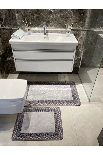 Mint Green - Zigzag Patterned Leather Base 2-Piece Bath Mat Set (60x100 - 60x50)