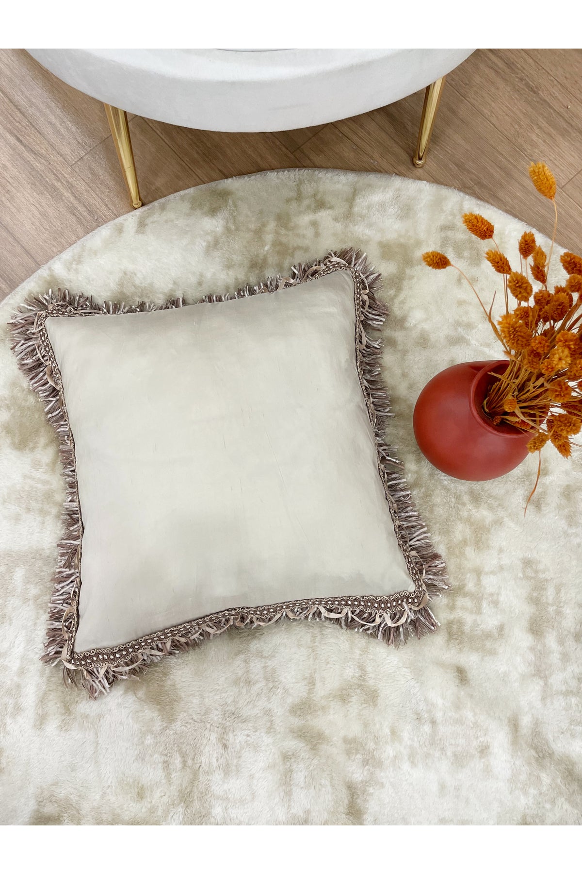 İthal Ipek (silk) Kırlent Yastık Kılıfı Kordonlu 45X45 KREM