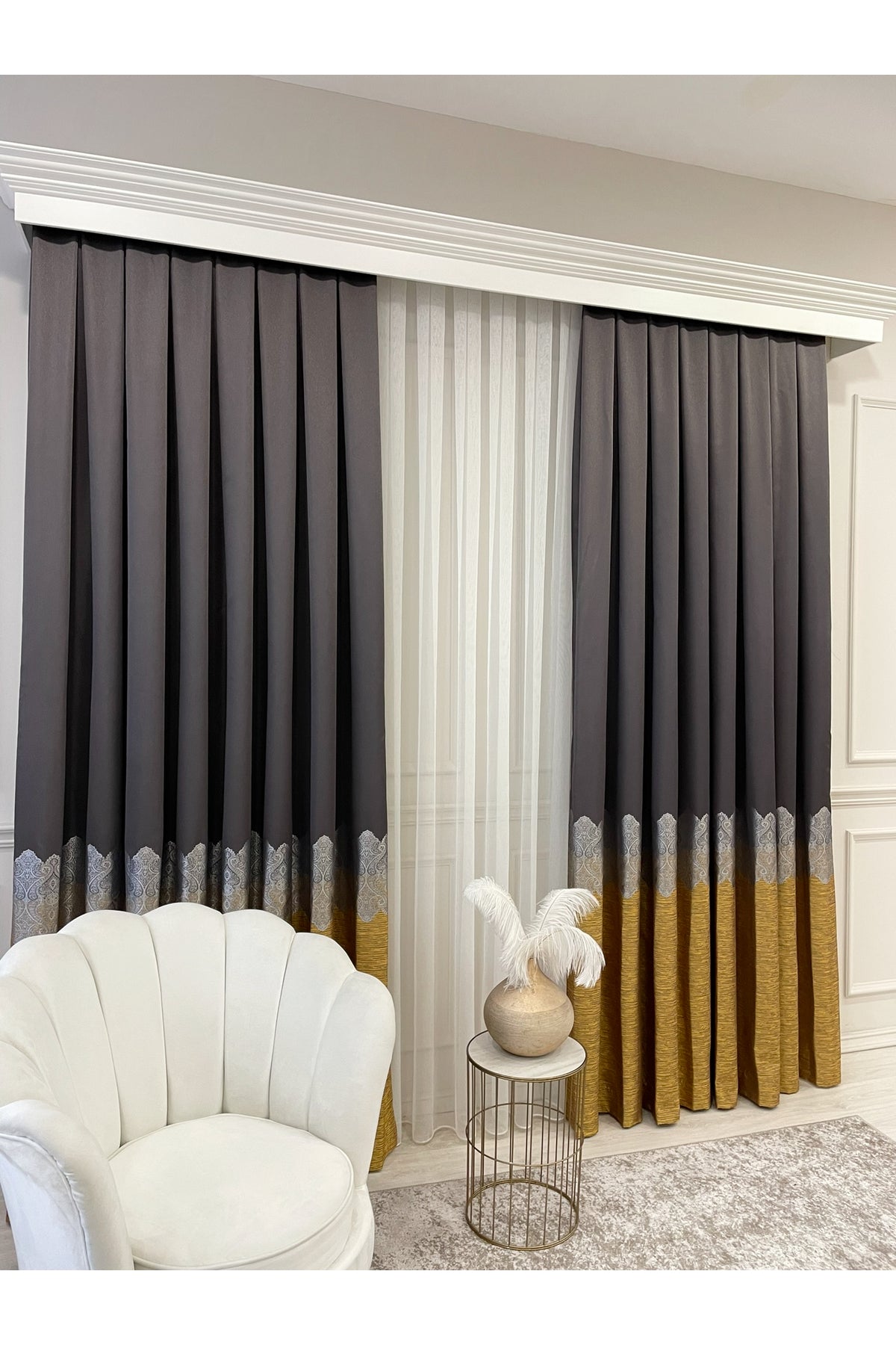 Brown Gold - Damask Patterned 1/3 Dense Pleated Blackout Curtain
