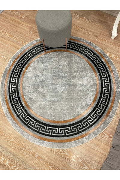 Classic Striped Pattern Round Latex Leather Base Fringeless Living Room Rug - Golden Brown