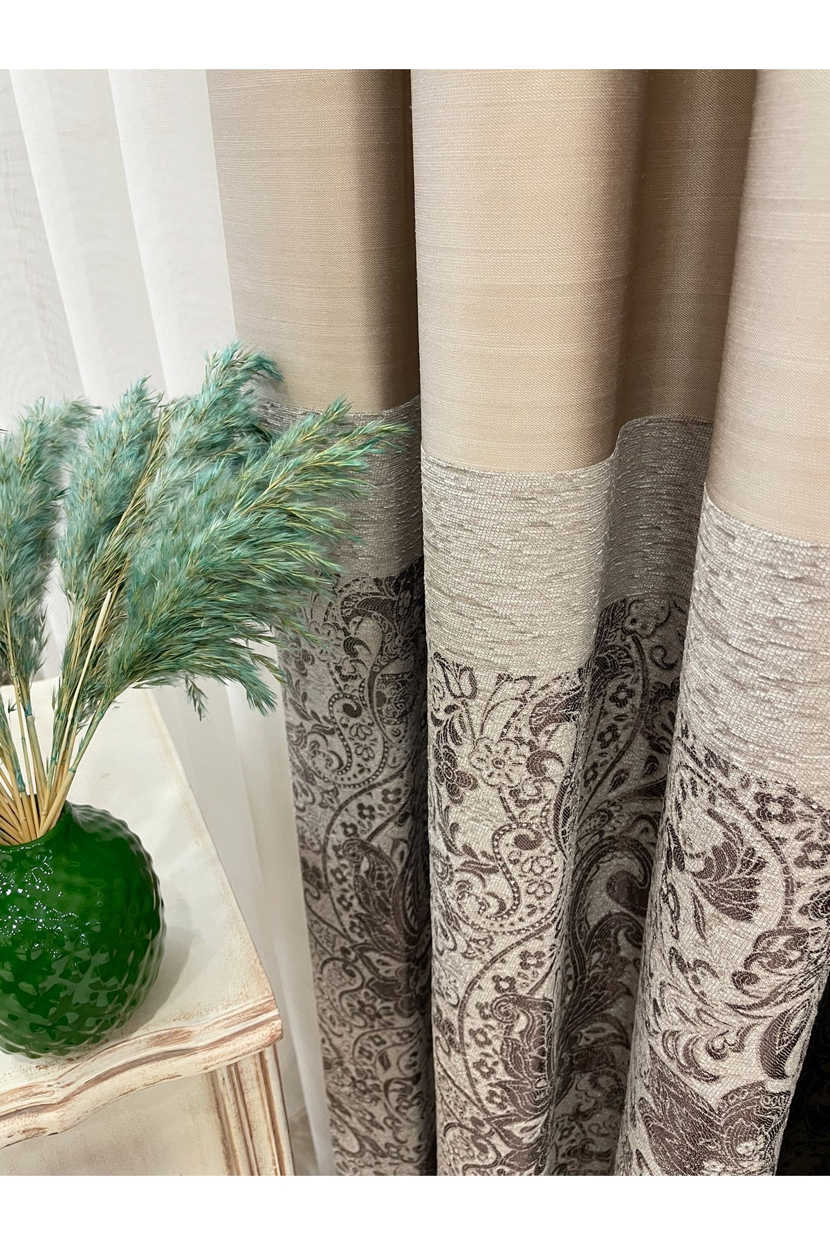 Gray Shawl Pattern 1/3 TIGHT PLEAT Jacquard Woven Blackout Curtain